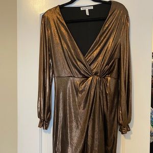 BCBG Metallic Faux Wrap Long Sleeve Dress